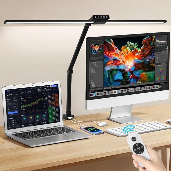 OUTON Lampe de Bureau LED Double Tête, Bras Articulé Orientable, USB-A & USB-C